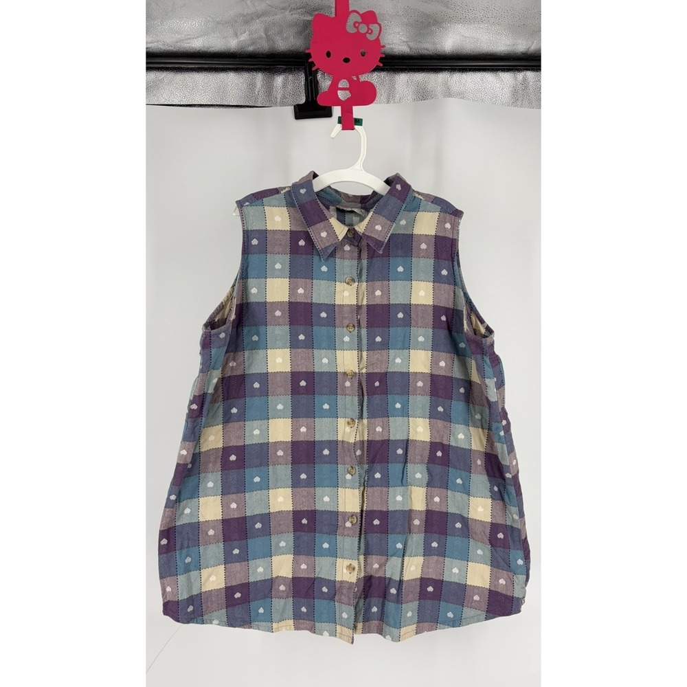 VTG 90s Plus 22W Checkered Plaid Heart Sleeveless Button Up Granny Y2K Shirt